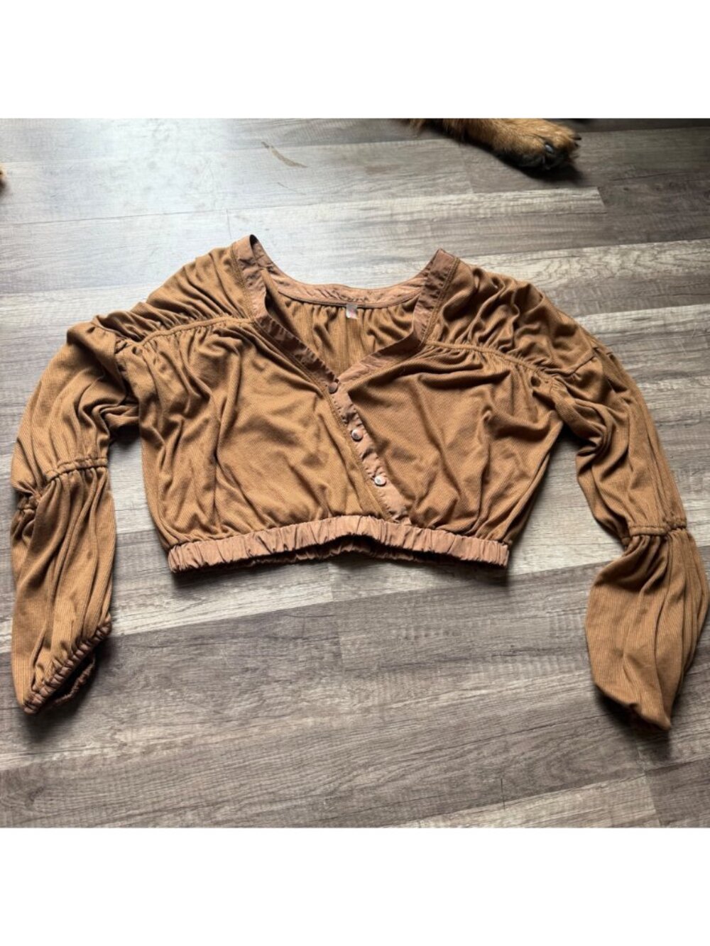 Brown Long-Sleeve Cropped Top By FP Movement With Ruched Sleeves & Button Detail - Picture 2 of 7